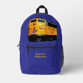 名前の追加 – 黄色のディーゼル機関車(青) プリントバックパック (正面)