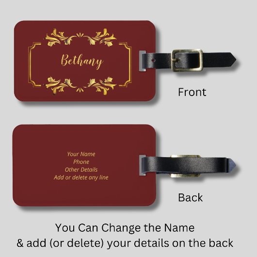 名前の追加、黄色の金ゴールドをMaroon Dark Red ラゲッジタグ