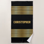 名前の追加、黒ストライプの金ゴールド ビーチタオル (正面)
