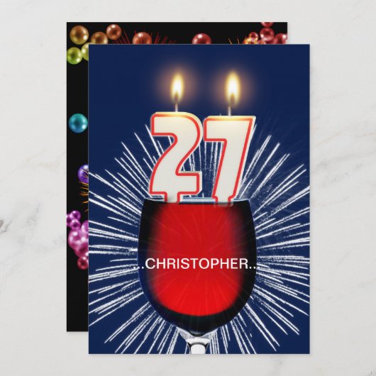 名前の追加， 27th誕生日パーティー招待，ワイン 招待状 (正面/裏面)