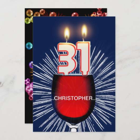 名前の追加， 31番目の誕生日パーティーへの招待，ワイン 招待状 (正面/裏面)