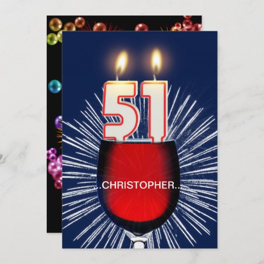 名前の追加， 51番目の誕生日パーティーの招待，ワイン 招待状 (正面/裏面)