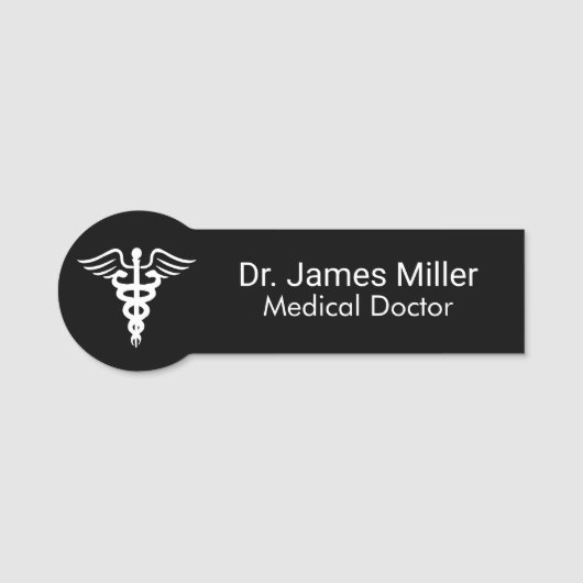 名前の追加Medical Caduceusシンボル白黒 名札 (正面)