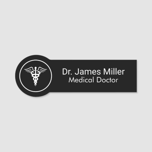 名前の追加Medical Caduceusシンボル白黒 名札 (正面)