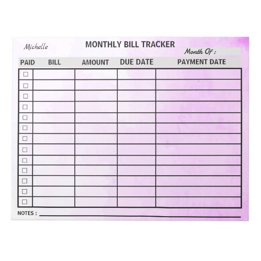 名前の追加Monthly Bill Tracker Water color ノートパッド (正面)