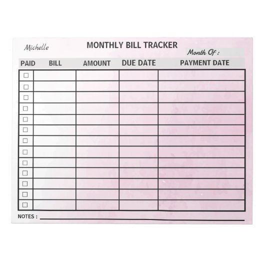 名前の追加Monthly Bill Tracker Water color ノートパッド (正面)