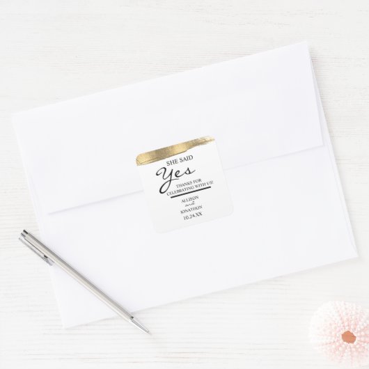 名前の追加Sheが言ったYes金ゴールドグリッター婚約 スクエアシール (封筒)