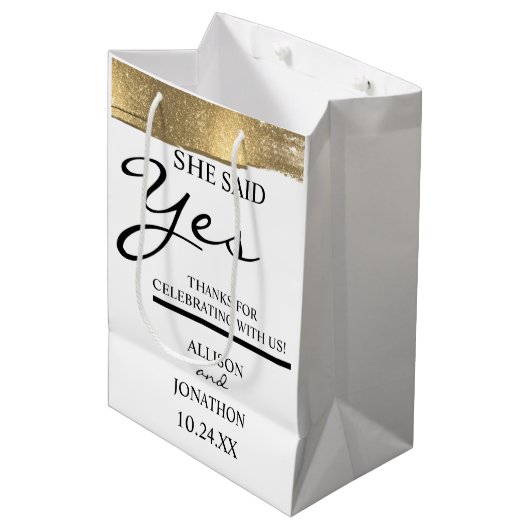 名前の追加Sheが言ったYes金ゴールドグリッター婚約 ミディアムペーパーバッグ (正面アングル)