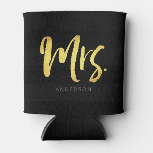 名前の金ゴールドフェイクでパーソナライズMrs.ブラックストライプ 缶クーラー (正面)