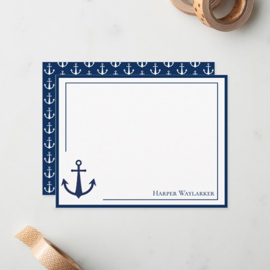 名前の青の白のいかり記号パターン ノートカード (正面/裏面インサイチュ)