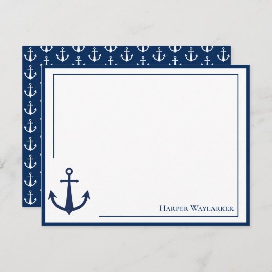 名前の青の白のいかり記号パターン ノートカード (正面/裏面)