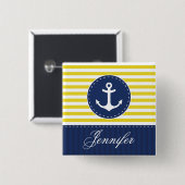 名前の黄色そして濃紺のストライプのいかり 缶バッジ (正面&裏面)