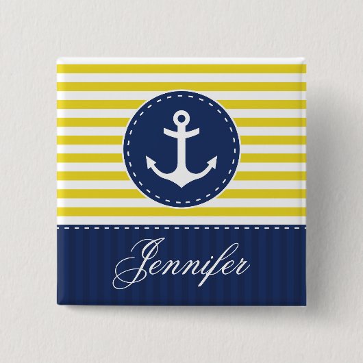 名前の黄色そして濃紺のストライプのいかり 缶バッジ (正面)