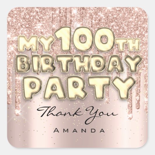 名前の100歳の誕生日パーティーのグリッターが滴るローズ スクエアシール (正面)