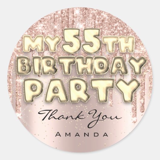 名前の55歳誕生日パーティー グリッター垂れる ローズ ラウンドシール (正面)