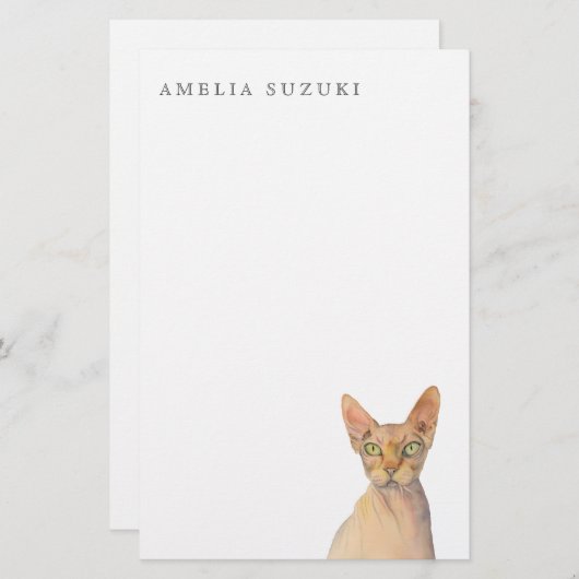 名前のSphynx猫の水彩画のポートレート 便箋 (正面/裏面)