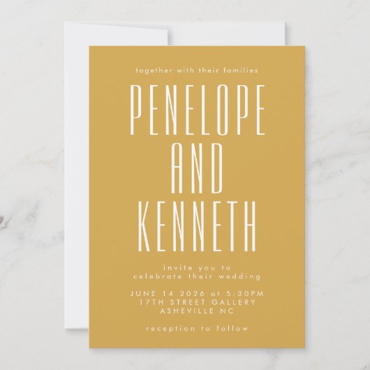 名前はっきりしたレトロタイポグラフィイエローフォト結婚ズ 招待状 (正面)