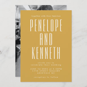 名前はっきりしたレトロタイポグラフィイエローフォト結婚ズ 招待状