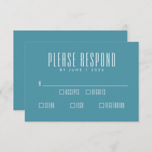 名前はっきりしたレトロタイポグラフィカラフルティール（緑がかった色）結婚の 出欠カード (正面/裏面)