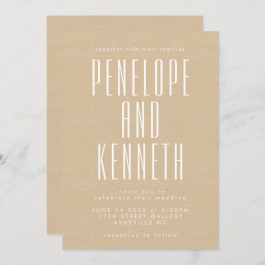 名前はっきりしたレトロタイポグラフィベージュクラフト結婚ズ 招待状 (正面/裏面)