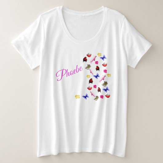 名前はフォエベ、バニーやパロットと共に プラスサイズTシャツ (デザイン正面)