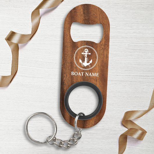 名前またはボート名いかり&ロープオンウッドスタイル キーホルダー栓抜き