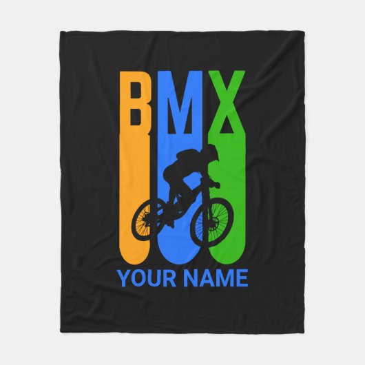 名前または文字の追加BMXバイクライダーオレンジブルーグリーン フリースブランケット (正面)