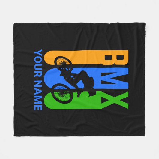 名前または文字の追加BMXバイクライダーオレンジブルーグリーン フリースブランケット (正面(横))
