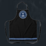 名前または文字航海のいかりと星 エプロン<br><div class="desc">名前スタイリッシュや船の名パーソナライズされた前、または他の希望する文字やタイトルをテーマにしたエプロン。ブラックにカスタム星と青い白い航海のいかりとロープをデザインしたストライプとロープを搭載。エプロンカスタマイズとストラップの色を簡単に現在の装飾に合わせる。調理師、焼き付け、BBQのスタイル。任意の素晴らし大事な行事のギフトと会話のピースを作成。</div>