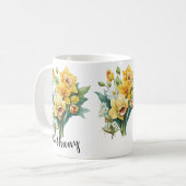 名前または文字、黄色い水仙(緑葉) コーヒーマグカップ (正面左)