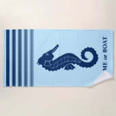 名前または船名シーホースパウダーブルーホワイト ビーチタオル (正面)