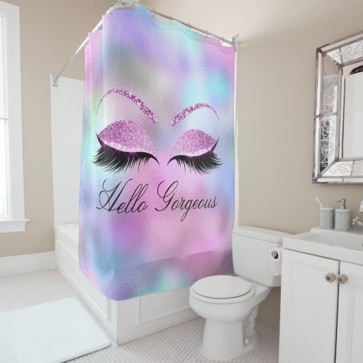 名前まつげガーリーメイクアップピンクのホログラフィックガラス シャワーカーテン (インサイチュ)