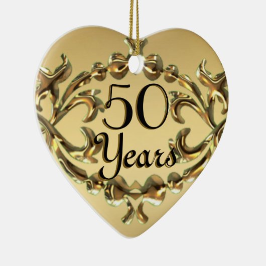 名前をオーナメント記念日の金ゴールドのハートの50年の加えて下さい セラミックオーナメント (右)