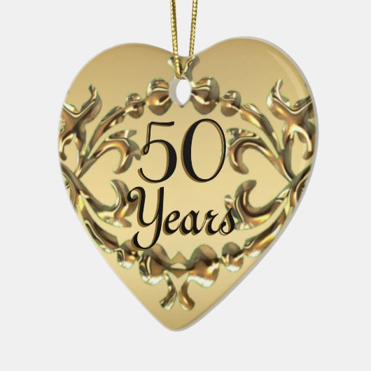 名前をオーナメント記念日の金ゴールドのハートの50年の加えて下さい セラミックオーナメント (左)