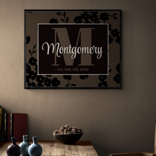 名前をカスタマイズした最後の名前のプリント ブラック ブラウン フラワー ポスター