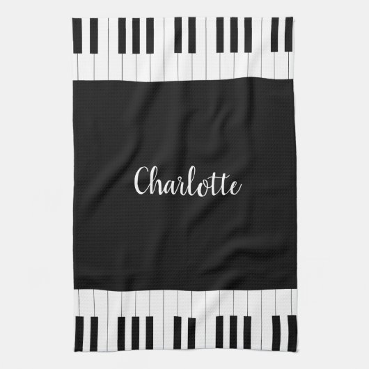 名前をカスタマイズした白黒の鍵のピアノ キッチンタオル (縦)