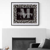 名前をカスタマイズした黒と白の花柄プリント ポスター