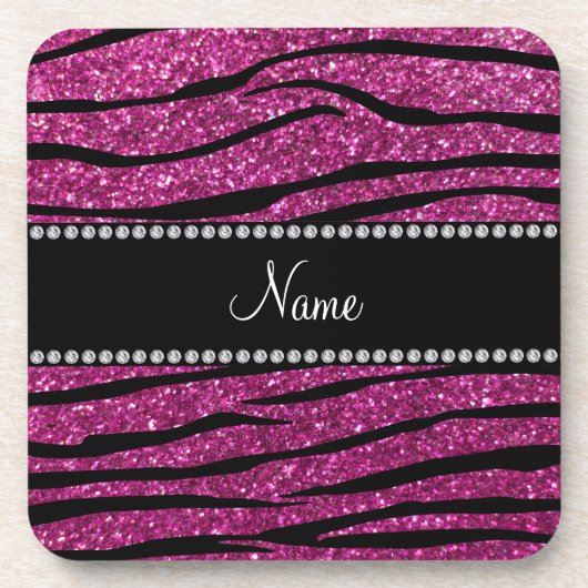 名前をカスタマイズするピンクのグリッター縞模様 コースター (正面)