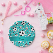 名前をカスタムするおもしろいターコイズサッカーボール及びストライプ ペーパープレート (パーティー)