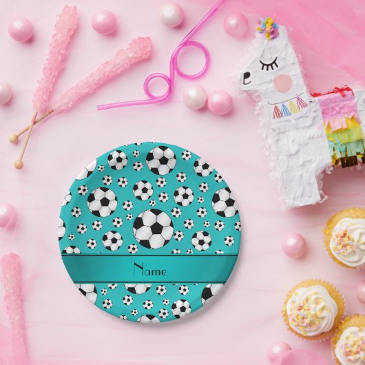 名前をカスタムするおもしろいターコイズサッカーボール及びストライプ ペーパープレート (パーティー)