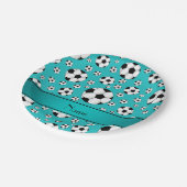 名前をカスタムするおもしろいターコイズサッカーボール及びストライプ ペーパープレート (アングル)