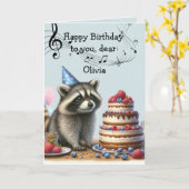 名前をカスタムするおもしろいラクーンお誕生日ケーキ カード (黄色い花)