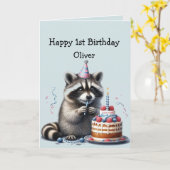 名前をカスタムするおもしろいラクーン1歳の誕生日 カード (黄色い花)
