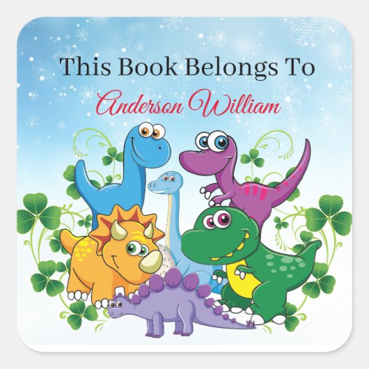 名前をカスタムするおもしろい恐竜四葉級 スクエアシール (正面)