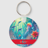 名前をカスタムするお洒落フローラコーラルリーフポインセチア キーホルダー (正面)