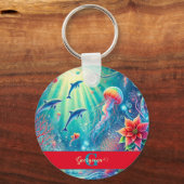 名前をカスタムするお洒落フローラコーラルリーフポインセチア キーホルダー (裏面)