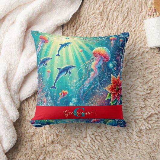 名前をカスタムするお洒落フローラコーラルリーフポインセチア クッション (ブランケット)