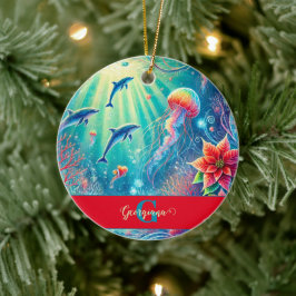 名前をカスタムするお洒落フローラコーラルリーフポインセチア セラミックオーナメント