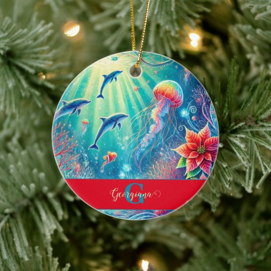 名前をカスタムするお洒落フローラコーラルリーフポインセチア セラミックオーナメント (ツリー)