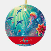 名前をカスタムするお洒落フローラコーラルリーフポインセチア セラミックオーナメント (正面)